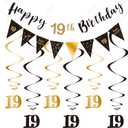 BRT Bearingshui 19th Birthday Decoration Kit, Happy 19th Birthday Banner Bunting Swirls Streamers, Triangle Flag Banner for Birthday Party Decorations Supplies Black and Gold 19th