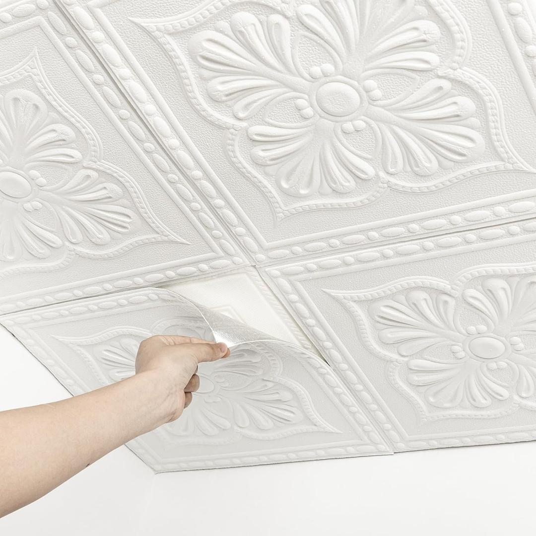 Ceiling Tiles, Ceiling Tiles Peel and Stick Foam, 16 Pcs, Covered 21 Sq.Ft, 3D Wall Panels Peel and Stick, Easy to Install and Cut for Ceiling and Interior Wall Decor, Plain White 13.8 x 13.8 inch (Floral)