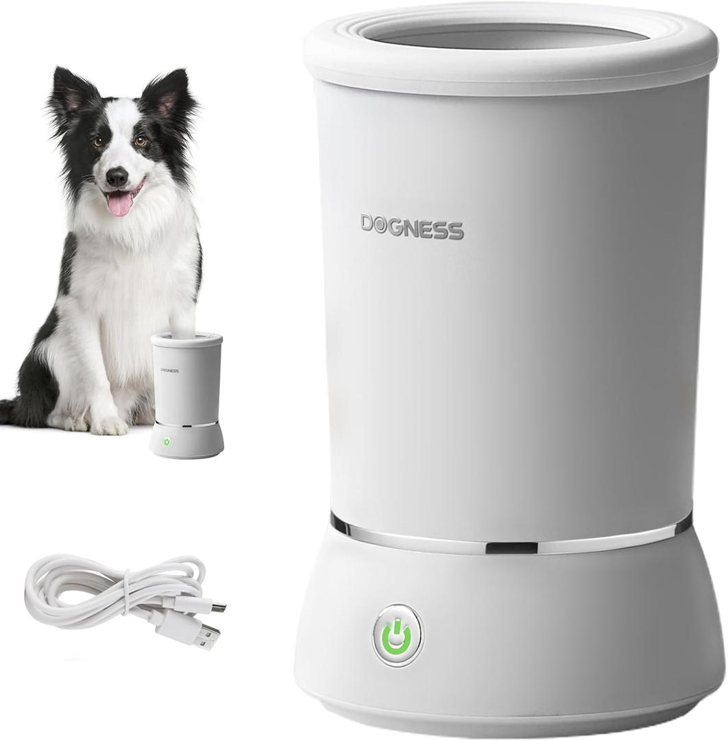 DOGNESS Automatic Dog Paw Cleaner and Massager, Electric Paw Washer for Dogs Portable Paw Cleaner Cup, Dog Foot Cleaning Machine USB Rechargeable, Designed for Small to Medium Dogs (White) (Small & Medium Dogs)