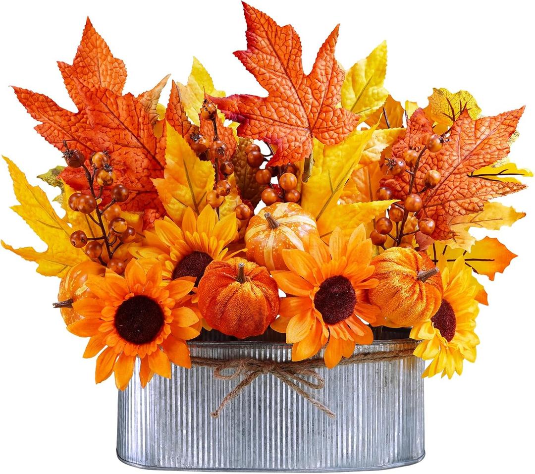 Winlyn 10" Fall Floral Arrangement in Galvanized Metal Oval Planter Artificial Autumn Harvest Maple Leaf Floral Stems Faux Potted Plants Table Centerpiece for Farmhouse Wedding Home Mantel Dcor