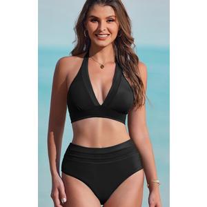 Women's High Waisted Bikini Set Mesh Tummy Control Bathing Suits 2 Piece Halter V Neck Swimsuits Large