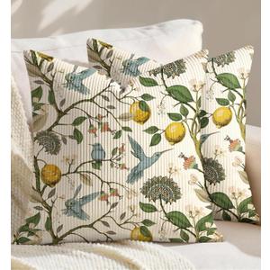 Corduroy Throw Pillow Covers 18x18 - Set of 2 Decorative Spring Pillow Covers with Zipper Farmhouse Decor Vintage Throw Pillowcases for Couch Sofa Living Room Home Bedroom, Lemon Bird