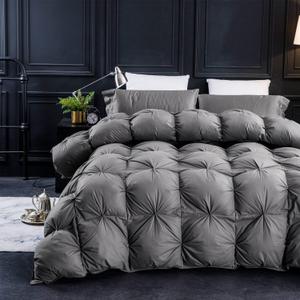 Three Geese Pinch Pleat Waterfowl Feathers and Down Comforter Cal King Size Duvet Insert, 750+ Fill Power, 1200TC 100% Cotton, Premium All Seasons Gray Warm Hotel Comforter with 8 Tabs (Grey Twisted Flower)