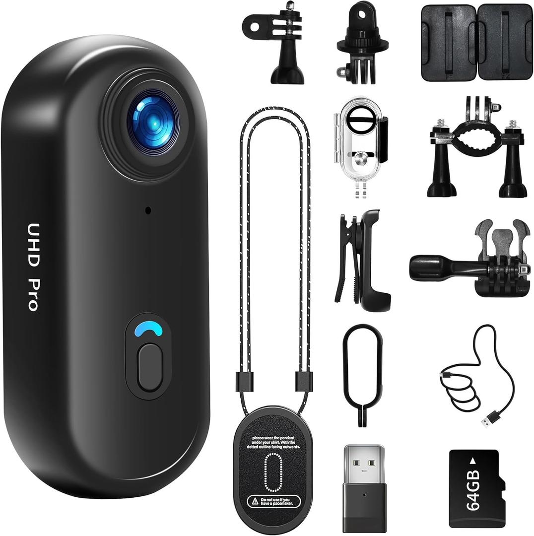 4K Action Camera, 64GB Wearable Sports Camera with Waterproof Case, Magnetic Clip, and Quick-Mount Accessories, Small Body Cam for Cycling, Diving, Travel, and Outdoor Adventures4K-64G
