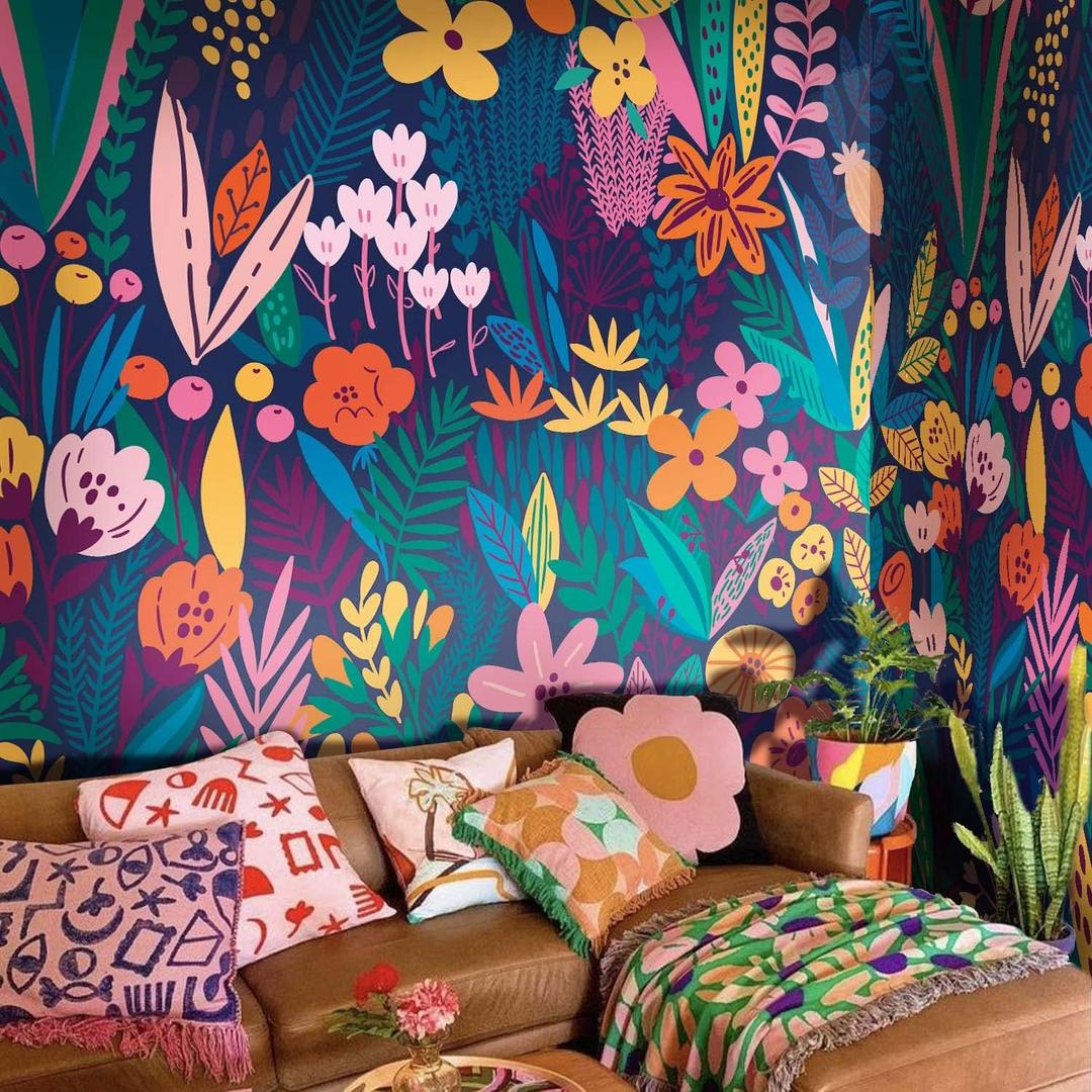Floral Peel and Stick Wall Mural, Leather Textured Vintage Self-Adhesive Wallpaper for Bedroom Living Room Background Wall Art Decor, Urban Colorful Floral, Dark, 92''x125''