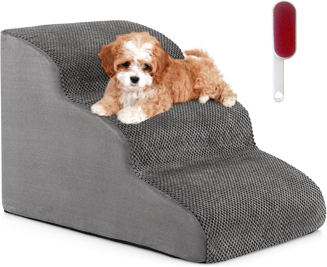 Tangkula Foam Dog Stairs for High Beds, Extra Wide & Deep Pet Ramp, Non-Slip Dog Steps for Small Older Injured Dogs Cats, Foam Pet Stairs with Lint Remover Brush for Beds, Couches (3 Steps-Grey)