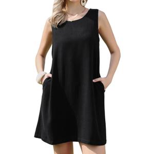 Allegra K Sleeveless Linen Shift Dress for Women's Summer Casual Crew Neck Beach Vacation Clothes with Pockets,XSMALL