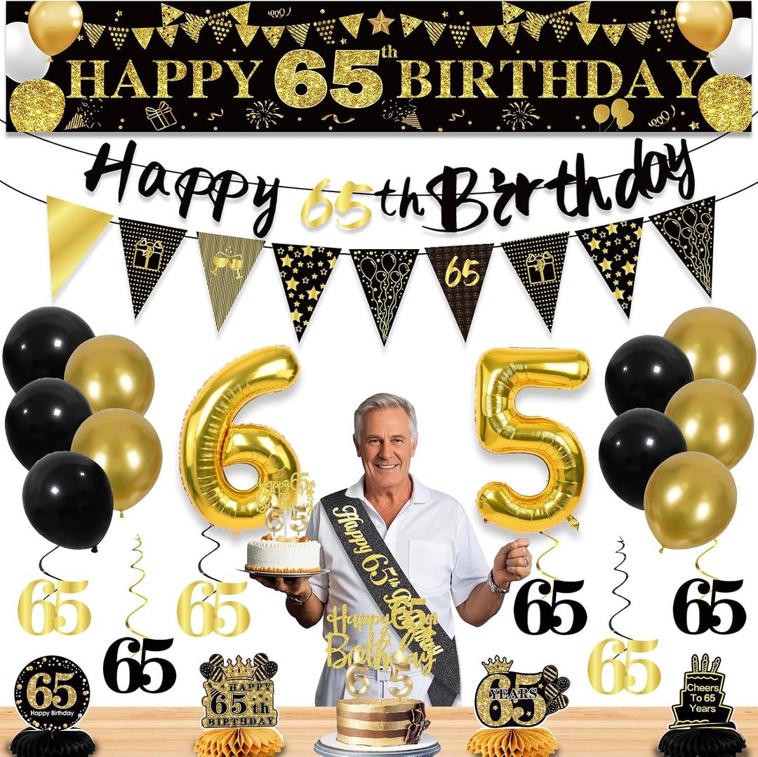 27pcs 65th Birthday Decorations for Men,Black Gold 65th Party Decorations,Happy 65th Birthday Banner Honeycomb Hanging Swirls Cake Topper and Balloons Kit Party Supplies