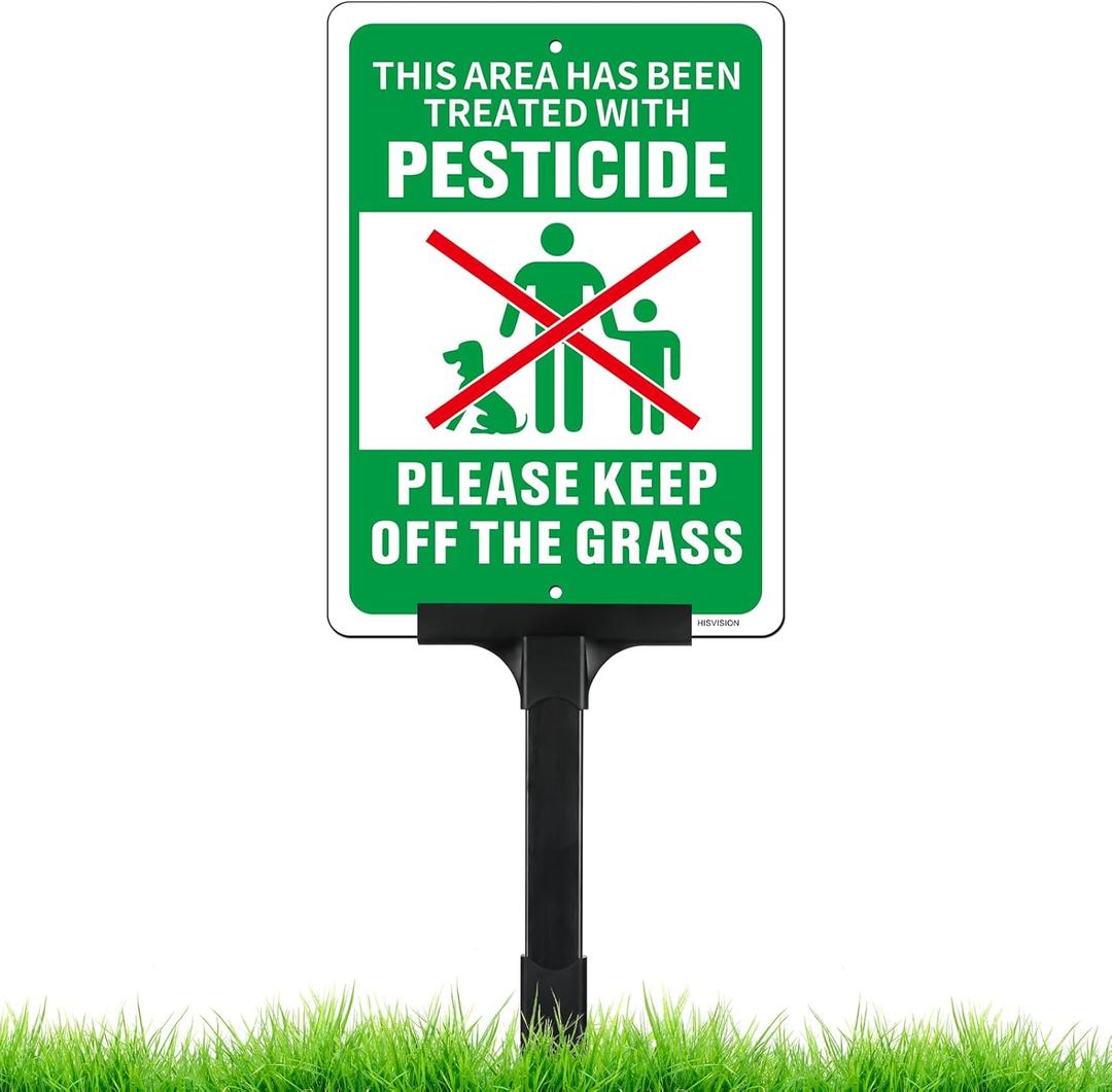 This Area Has Been Treated with Pesticide, Please Keep Off the Grass Sign with Adjustable Height Stake Set, 10x7 Inch/42 Inch High-50-mil Thick Aluminum, Pesticide Sign for Lawn, Plug and Play Ready