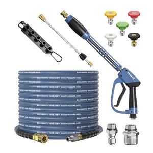 HiPrewaPro Pressure Washer Gun and Hose Kit, 4800PSI Steel-Braided & Durable - Flexible & Kink-Resistant Power Washer Hose 50 FT with 3/8" Swivel Quick Connector and M22 14mm Adapters Replacement