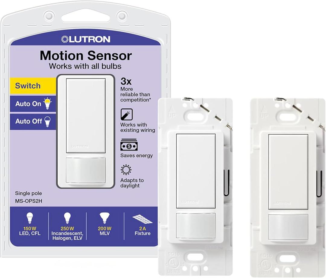 Lutron Maestro Motion Sensor Light Switch Indoor for Bathroom, Garage, Laundry Room, Any Bulbs, Occupancy Vacancy Sensor, Single-Pole, MS-OPS2H-2-WH, White (2 Pack)