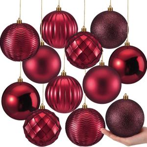 Syhood 12 Pcs 4 Inch Large Valentine Ball Ornament Christmas Tree Decoration Plastic Ornament Set Hanging Xmas Tree Ball for Xmas Holiday Wedding Party(Burgundy)