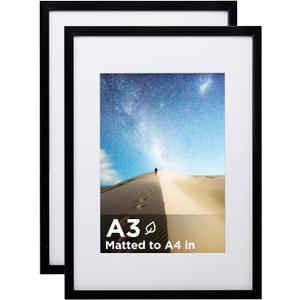 KINLINK A3 Picture Frame Black Set of 2, Wooden Photo Frames Matted A4 with Plexiglass for A4 with Mat or A3 without Mat for Wall Display