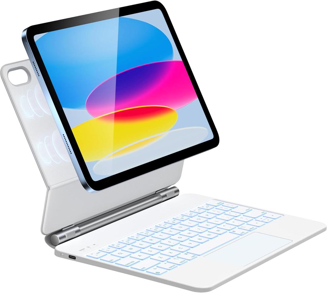 HOU Keyboard Case for iPad A16 11/10, Magnetic Magic-Stand, Floating Design, Durable Spindles, Multi-Touch Trackpad, 7 Colors Backlit, Stain Resistant PU, Bluetooth (White)