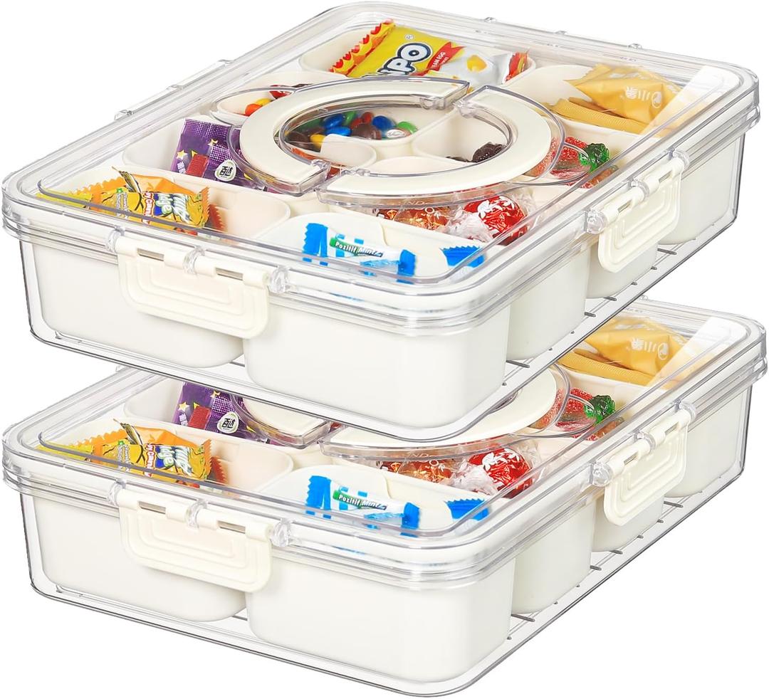 Snackle Box Container, Divided Serving Tray with Lid and Handle, Portable Big Snack Charcuterie Container, 8 Independent Compartments