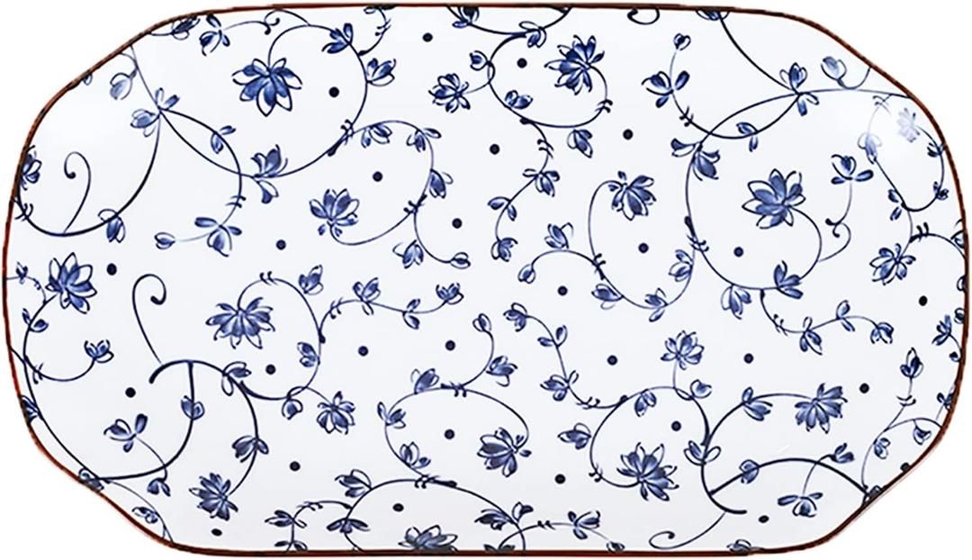 Gegong 12 inch Fish Plate Blue and White Porcelain Dish Serving Plate Floral Dinner Shallow Plate Appetizer Salad Dessert Snack Plate (Tang Grass)