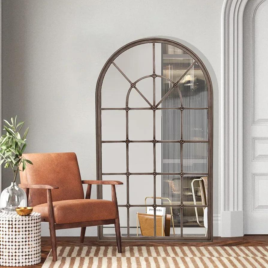 Arched Window Mirror, 28.3" X 50", Windowpane Mirror with Metal Framed, Farmhouse Rustic Vintage Wall Mirror, Decorative Accent Mirrors for Living Room, Entryway Fireplace, Antique Silver