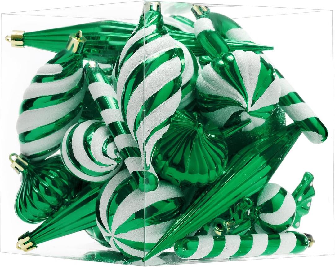 Christmas Ball Ornaments Set Shatterproof Christmas Tree Ornaments 24 PCS Painted Shaped Styles Xmas Tree for Holiday Decor,Green