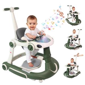 Baby Walker, 4-in-1 Baby Walker with Wheels Portable, Foldable Infant Toddler Walker for Boys Girls 6-18 Month, Removable Footrest, Car Steering Wheel & Music, Adjustable Push Walker Pink Green