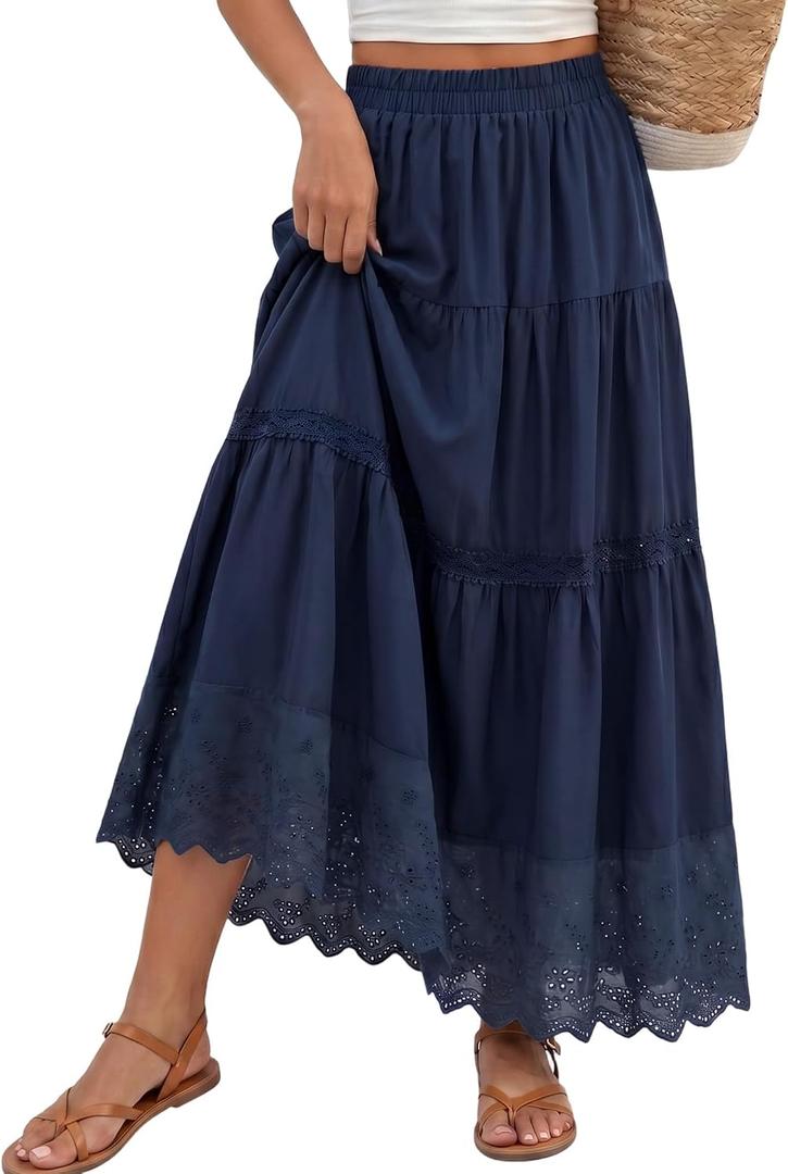 Womens Maxi Skirt Boho Summer Flowy Tiered Elastic High Waisted A Line Long Skirts Trendy Beach Vacation Clothes (Blue, M)