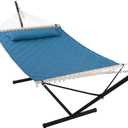 ANOW Double Hammock with 12 Feet Heavy Duty Steel Stand Combo, 2 Person Quilted Hammock with Stand for Outside, 450 LBS Weight Capacity, Blue