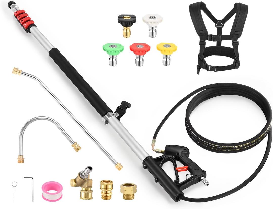 24FT Pressure Washer Telescoping Wand, Power Washer Extension Wands with 5 Spray Nozzle Tips, Stainless Steel Curve Wands, Pivoting Coupler and Support Harness, 4000 PSI