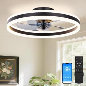 VOLISUN RGB Ceiling Fans with Lights and Remote, 23.6in Low Profile Ceiling Fans with Light Flush Mount, White Fandelier LED Fan Light, Modern Bladeless Ceiling Fan for Bedroom, Living Room