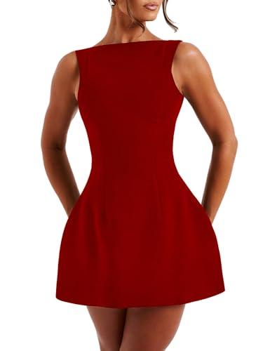 LuFeng Women's Summer Sexy Sleeveless Zipper Mock Neck Slim Fit A-line Mini Dress Bodycon Party Club Dress for Women Red Small