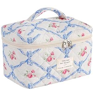 AMULOKRU Large Makeup Bag, Cute Cosmetic Bag for Women, Coquette Floral Aesthetic Toiletry Bags, Quilted Travel Make Up Organizer Bag