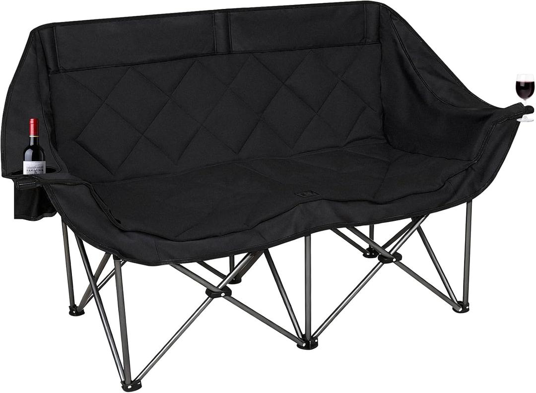 Double Camping Chair for 2 Persons, Oversized Folding Loveseat Camping Chair with Cup & Wine Holders, Heavy Duty 750LBS Support, Portable Camping Couch for Outdoor, Lawn, Beach, Black