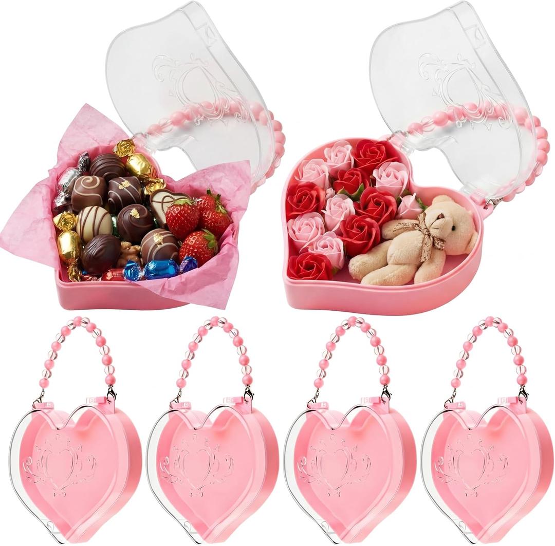 Youyole 6 Pcs Mother's Day Small Heart Box Containers with Handle Reusable Plastic Gift Bag Portable Jewelry Organizer for Flower Gifts Candy Snack Food Party Favor(Pink)