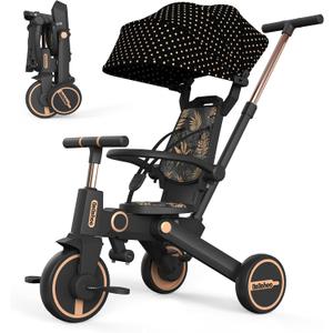 Tricycle Stroller for Toddler,Foldable Baby Tricycle,Kids Balance Bike with Push Handle,Toddlers Stroller Bike with 1 to 5 Years,7-in-1 Push Tricycle Bike for Kids(Gold)