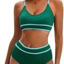 Century Star High Waisted Bikini Sets for Women Sporty Two Piece Swimsuit Ribbed Color Block Bathing Suit M