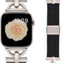 Wearlizer Braided Magnetic Band Compatible with Apple Watch Bands 42/46/38/40/41/44/45/49mm Women Men, Designer D-Shape Stretchy Elastic Nylon Strap for iWatch Series 11 10 9 8 7 6 5 4 SE/Ultra 3 2 1 (Black/Starlight)