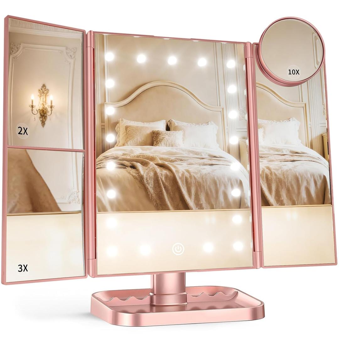 HUONUL Makeup Mirror, Vanity Mirror with Lights, 2X/3X/10X Magnification, Touch Control, Trifold, Dual Power Supply, Valentines Day Gifts for Her,Gifts for Women, Wife, Mom, Girls,Dorm Room Essentials (Rose Gold)