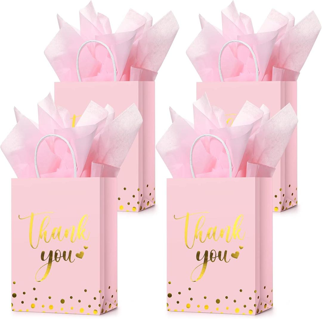 Tinlade 30 Pcs Thank You Gift Bags with Tissue Paper Gold Thank You Wedding Bags with Handle for Graduation Business Shopping Wedding Shower Party Favors(Pink)