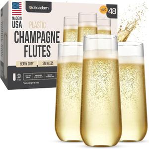 DECADORN Clear Stemless Champagne Flutes Plastic 48 Pack, Made in USA, 9oz Plastic Champagne Glasses - Durable and Sturdy Mimosa Glasses For Parties - Shatterproof, Recyclable, BPA-Free, Smooth Rims