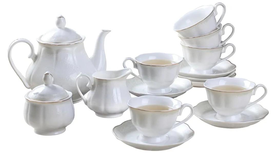 GuangYang 15-pcs Porcelain Tea sets for Adults, Off White Embossed Pattern with Gold Trim (A set Included 1 Teapot, 1 Sugar Bowl, 1 Cream Pitcher, 6 Cups and 6 Saucers)