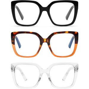 DOOViC 3 Pack Oversized Reading Glasses for Women Blue Light Blocking Square Stylish Computer Readers +1.00