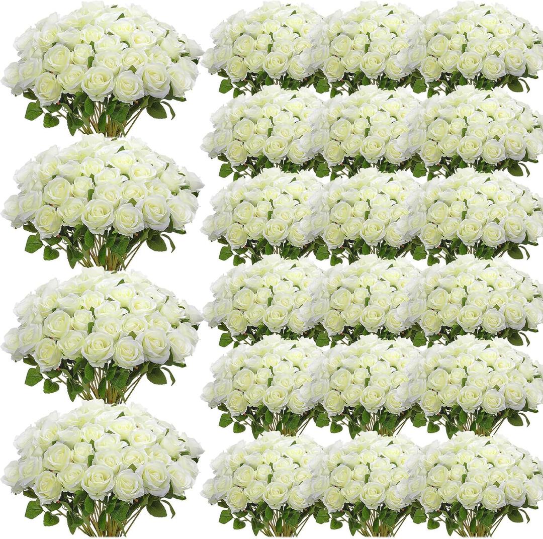 Riceshoot 500 Pcs Artificial Silk Roses Flowers with Long Stem Bridal Wedding Bouquet Realistic Floral Bulks for Garden Home Party Gifts Favor Decoration(White)