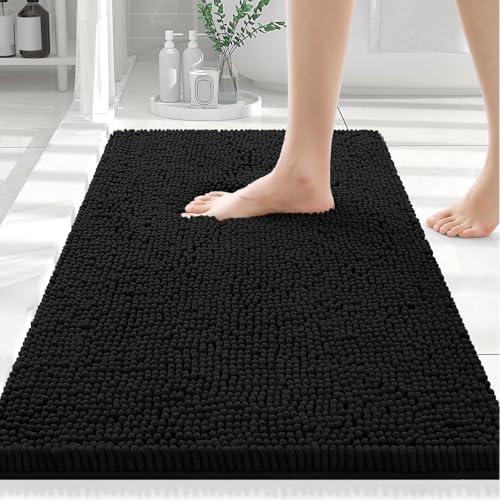 Smiry Luxury Chenille Bathroom Rugs 24x16, Extra Soft and Absorbent Shaggy Bath Mat, Machine Washable, Non-Slip Plush Carpet Runner for Tub, Shower, and Floor, Home Decor Accessories, Black