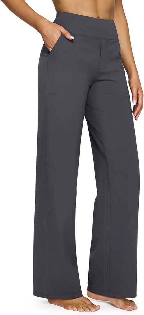 G4Free Dress Pants Women Wide Leg Yoga Pants with Pockets Straight Leg Work Business Trousers Stretch Casual Pants(Dark Grey, M, Regular)