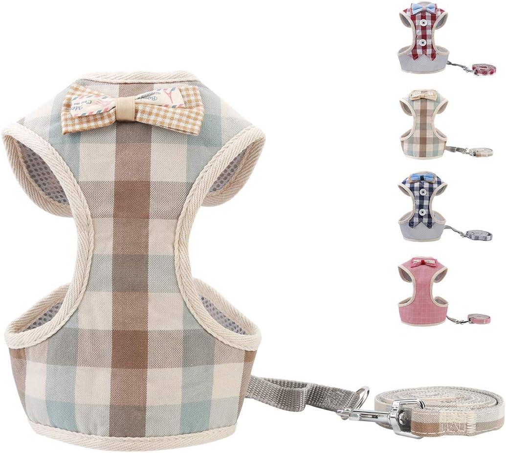 VOOPET Puppy Harness Easy to Put On & Take Off Step in Dog Harness, Puppy Soft Padded Mesh Front Vest with Leash, Adjustable Pets No-Pull Walking Harness with Cute Bows for Small Dogs and Cats (Medium (2 Piece Set), Beige-light coffee Plaid)