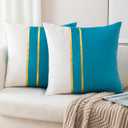 ZLINA Set of 2 Velvet Decorative Throw Pillow Covers Lake Blue White Patchwork with Gold Leather Pillow Covers 16  16 Inch Cushion Covers Decor Living Room Sofa Bedroom Car