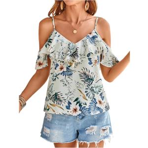 SweatyRocks Women's Floral Print Cold Shoulder Tops Ruffle Short Sleeve Summer Blouses Shirt (White, S)