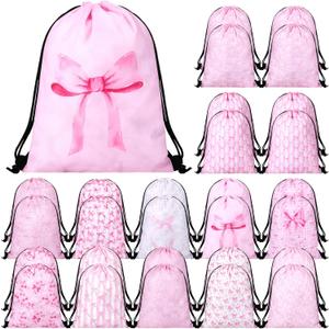 Woanger 24 Pcs Pink Bow Gift Drawstring Bags Bulk 11.81 x 9.84 Inch Coquette Party Gift Bags Pink Bow Goodie Waterproof Backpack Coquette Tea Wedding Bridal Engagement Birthday Party Supplies