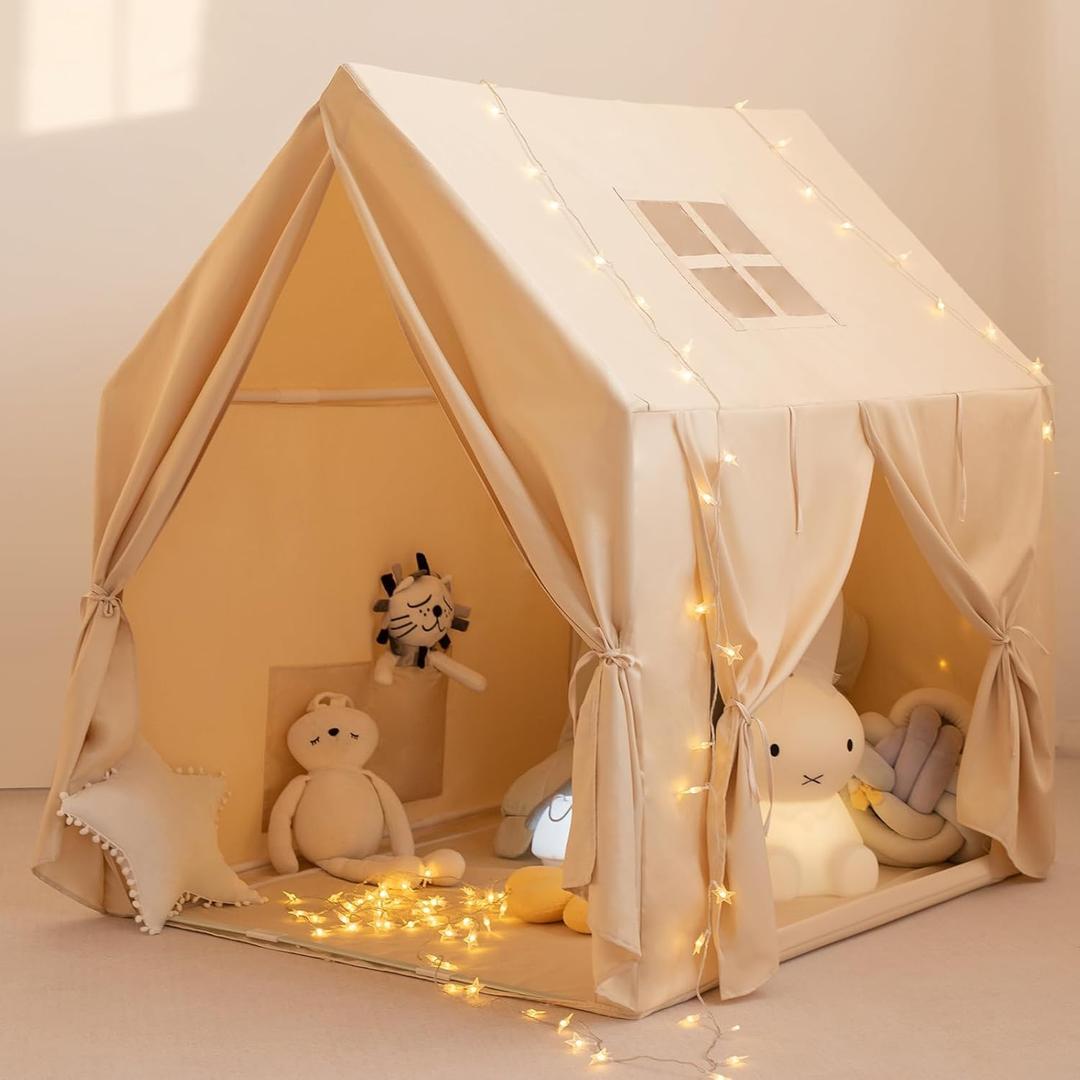 Kids Play Tent, Large Indoor Play House with Star Lights, Flags and Tote Bags, 52" x 47" Gift for Girls and Boys, Use for Reading Nook, Playroom, Sleepover Tent (Khaki-double Doors)