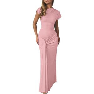 Mojessy Women Bodycon Maxi Dress Sexy Mock Neck Lace Up Bandage Ruched Short Sleeve Long Dress Cocktail Dress (Large, Pink)