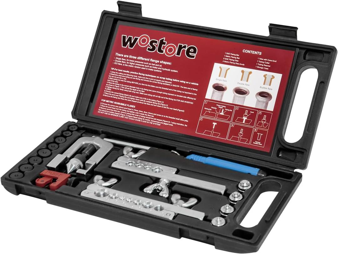Wostore Professional Brake Line Flare Kit for Single, Double (SAE) Flares & Bubble (ISO) Flares with Tubing Cutter Pipe Reamer for 3/16-5/8" 7 Sizes (Flaring tool)