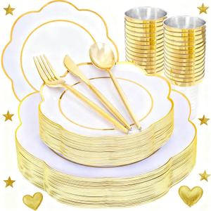 ejonirinjonir EI 180pcs White Plastic Plates with Gold Plastic Silverware,Heavy-Duty Disposable Plates for Party,White Dinnerware Set for 30 Guest Wedding,Afternoon Tea,Spring,Mother's/Valentine's Day